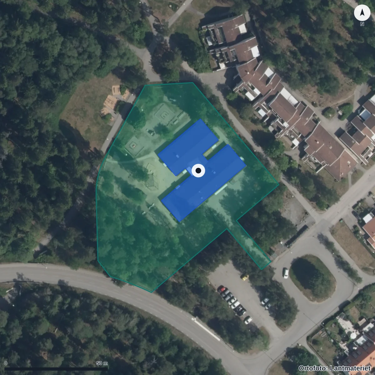 Flygbild över Saltsjöns Förskola, ortofoto från Lantmäteriet