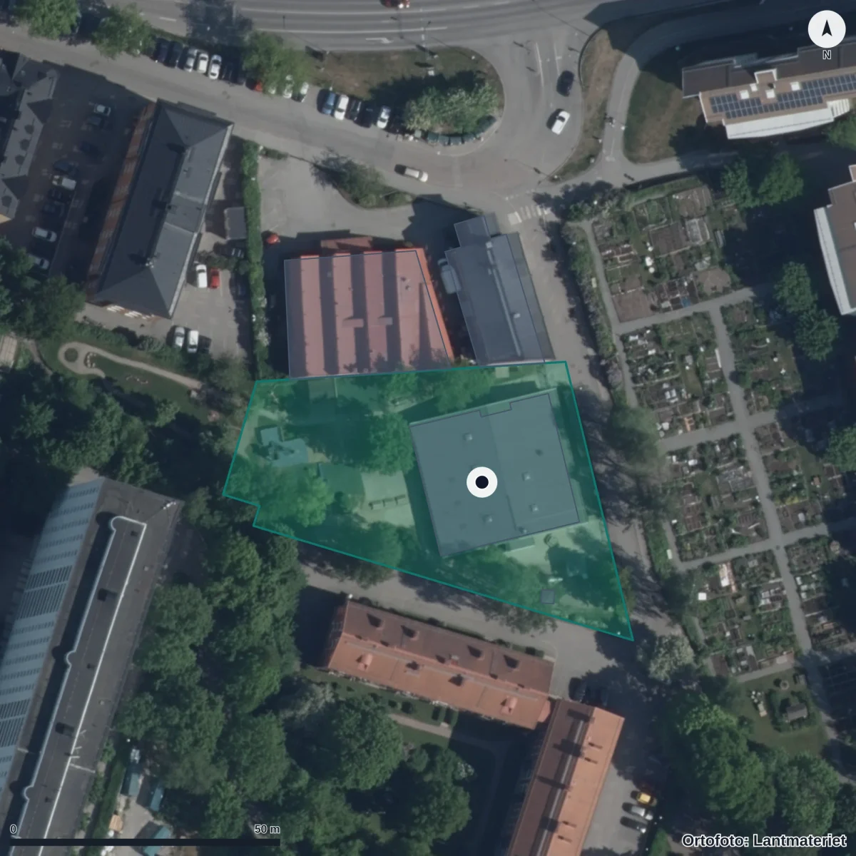 Flygbild över Fjordens Förskola, ortofoto från Lantmäteriet