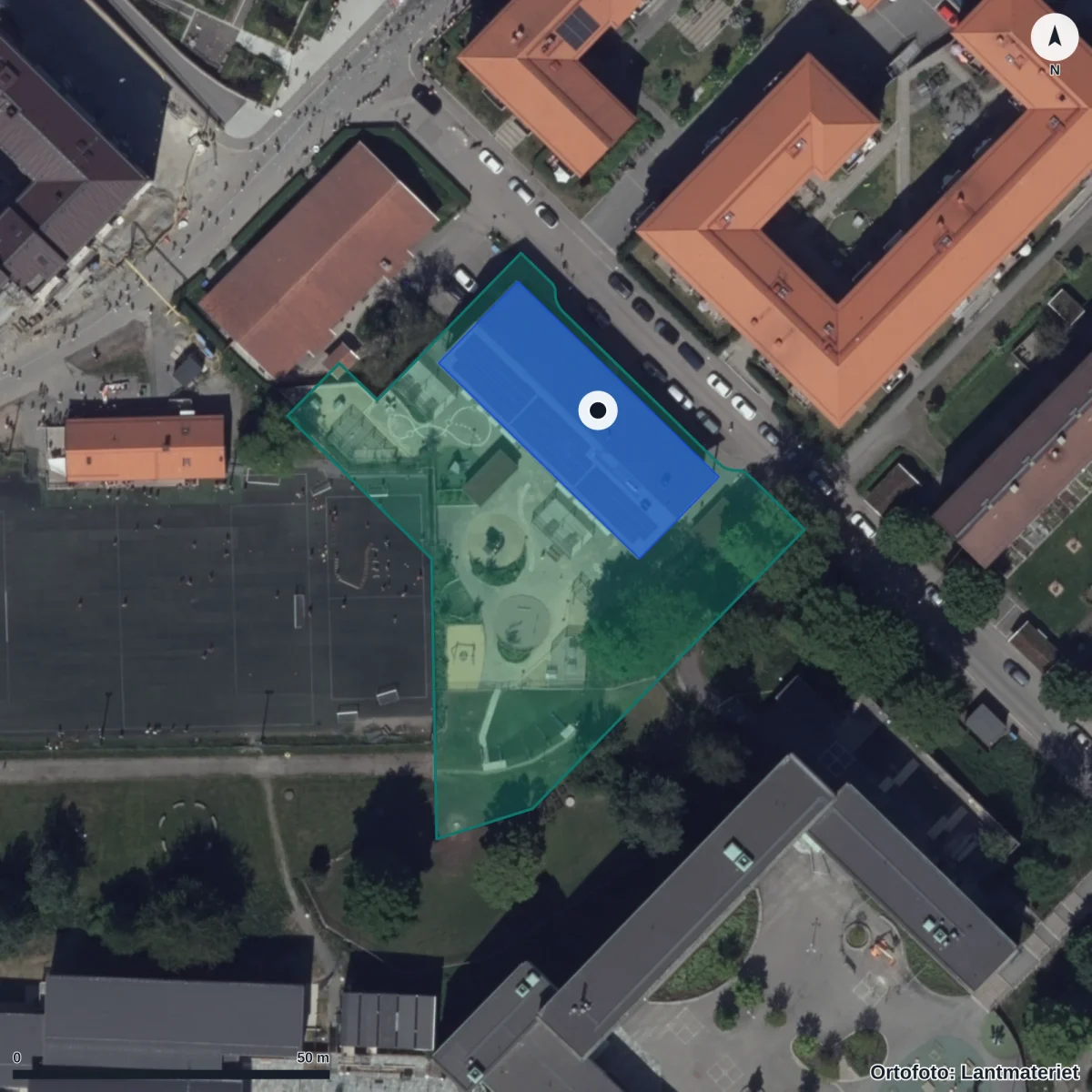 Flygbild över Kennedygatan 1 Förskola, ortofoto från Lantmäteriet