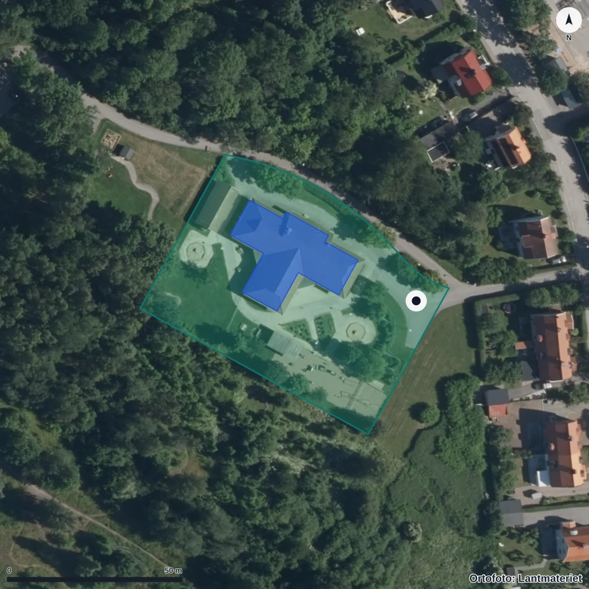 Flygbild över Fågelsångens Förskola, ortofoto från Lantmäteriet