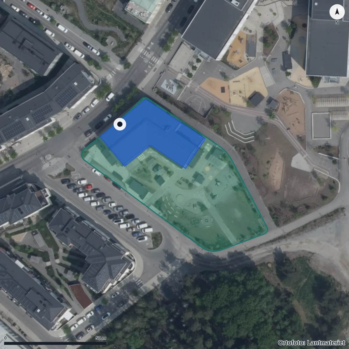 Flygbild över Vega Förskola, ortofoto från Lantmäteriet