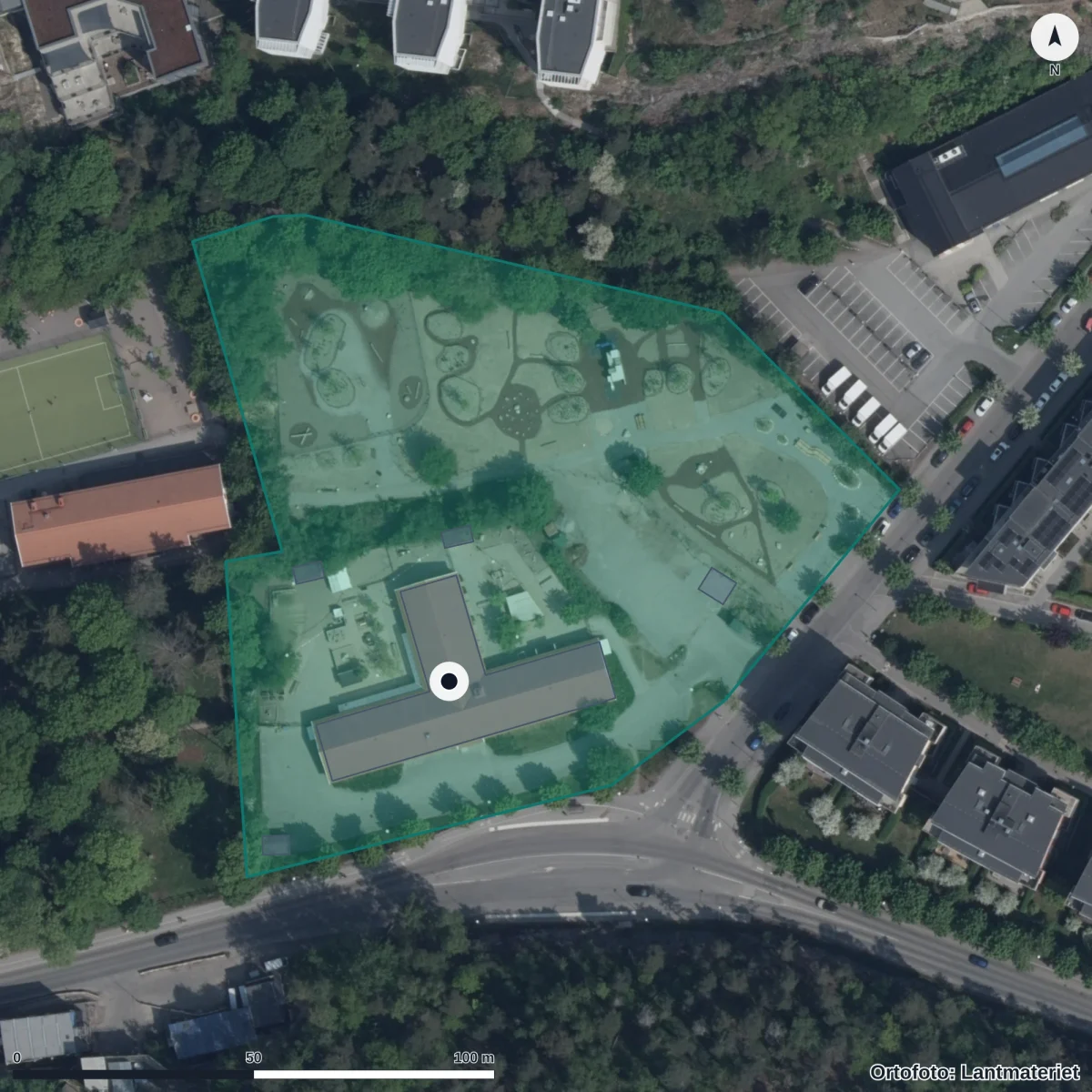 Flygbild över Dibber Finnboda Förskola, ortofoto från Lantmäteriet