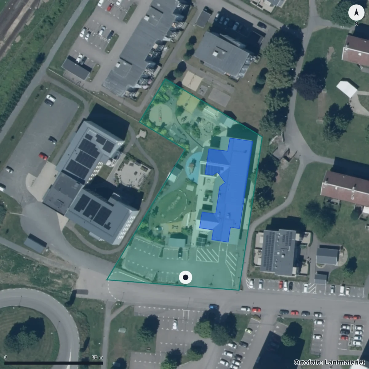 Flygbild över Oxhagens Förskola, ortofoto från Lantmäteriet