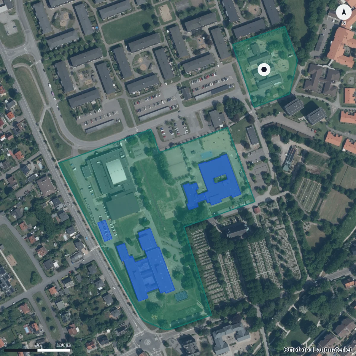 Flygbild över Korsbacka Förskola, ortofoto från Lantmäteriet