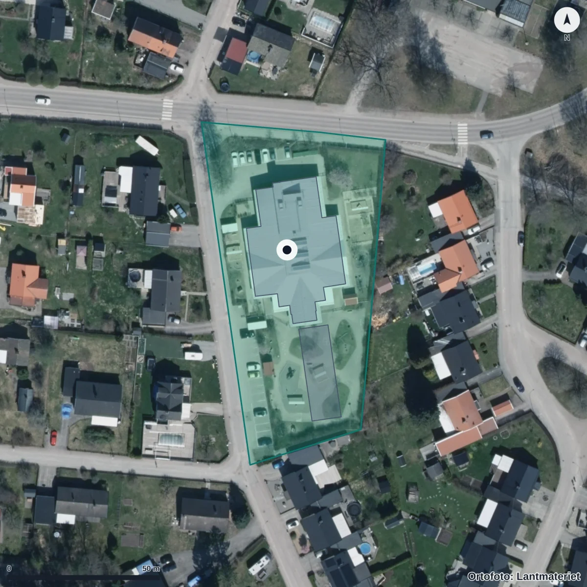 Flygbild över Arkens Förskola, ortofoto från Lantmäteriet