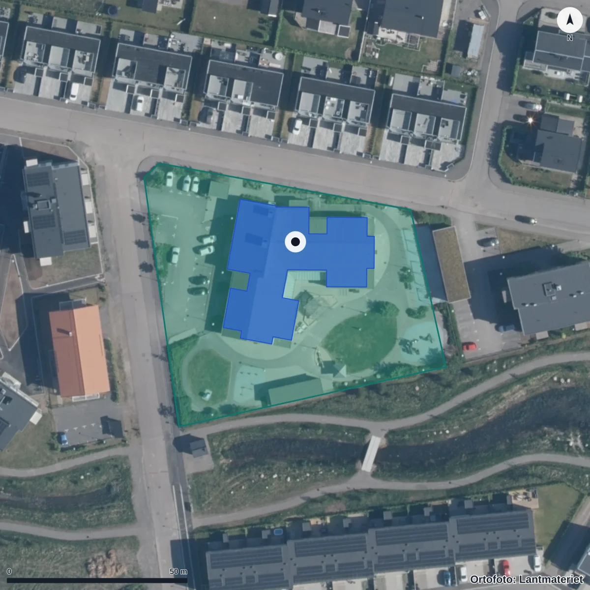 Flygbild över Allarps Förskola, ortofoto från Lantmäteriet
