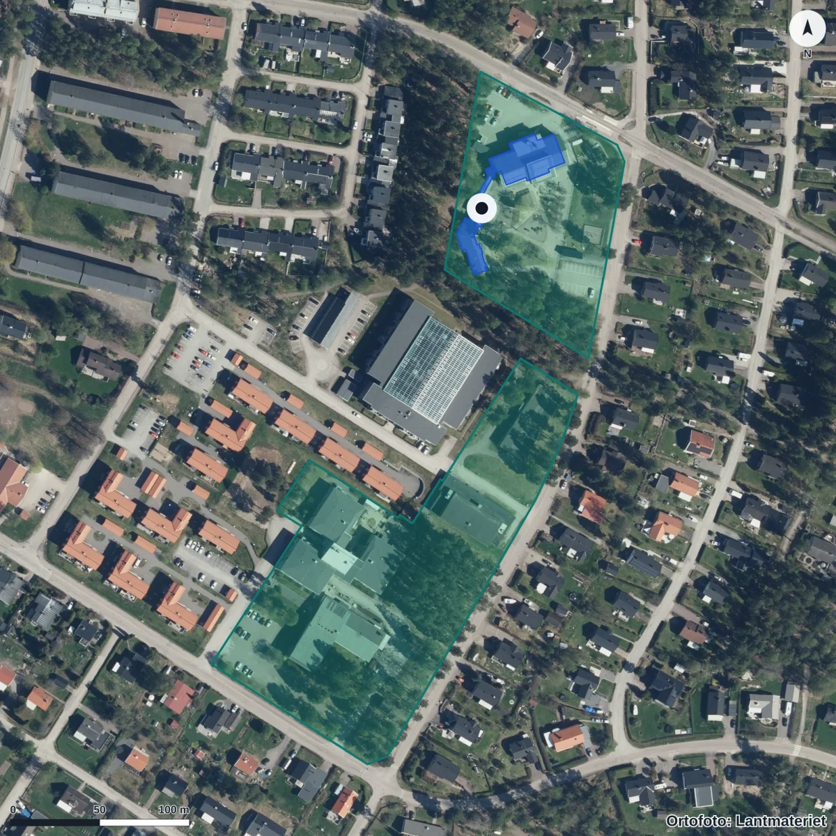 Flygbild över Förskolan Hasselvägen, ortofoto från Lantmäteriet