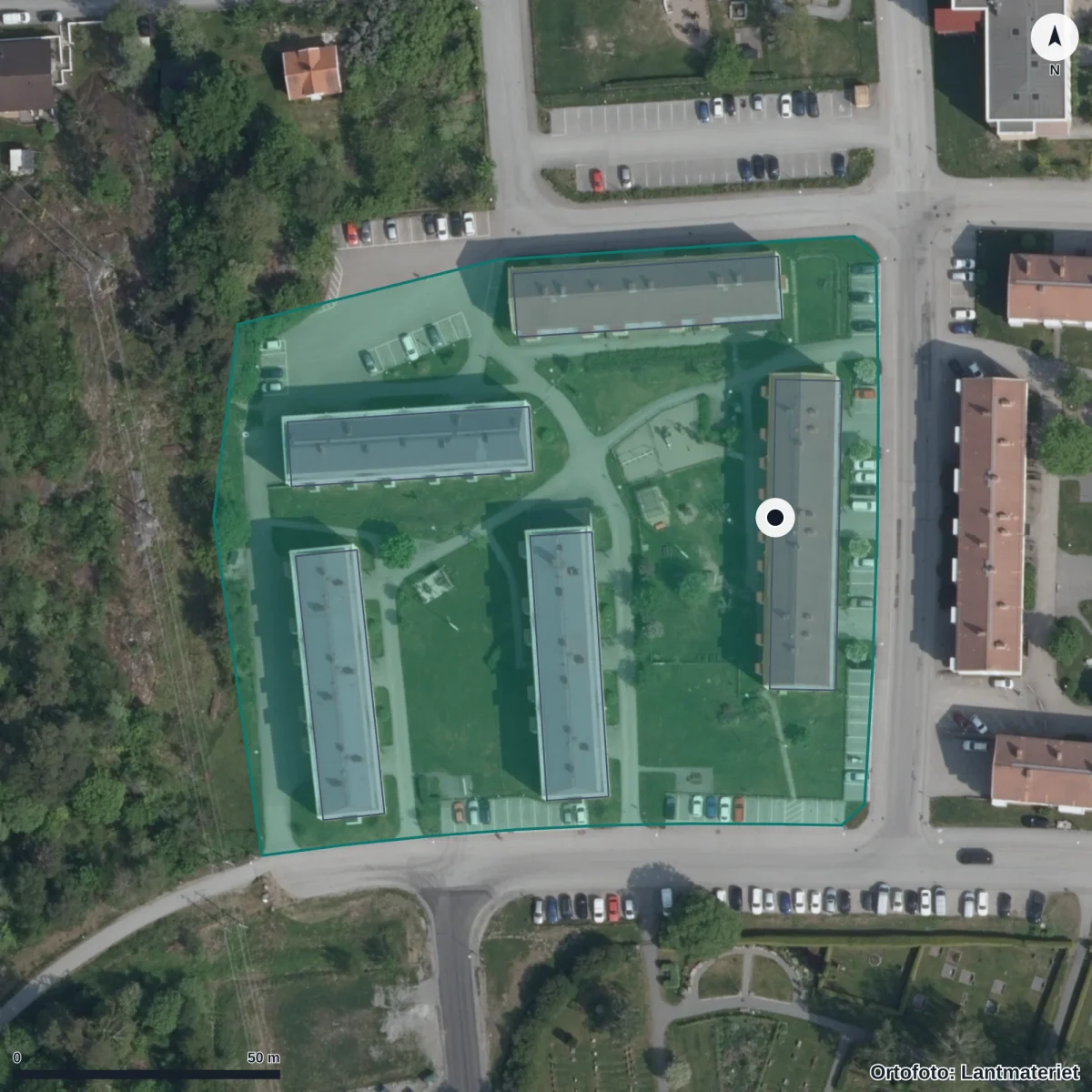 Flygbild över Palettens Förskola, ortofoto från Lantmäteriet