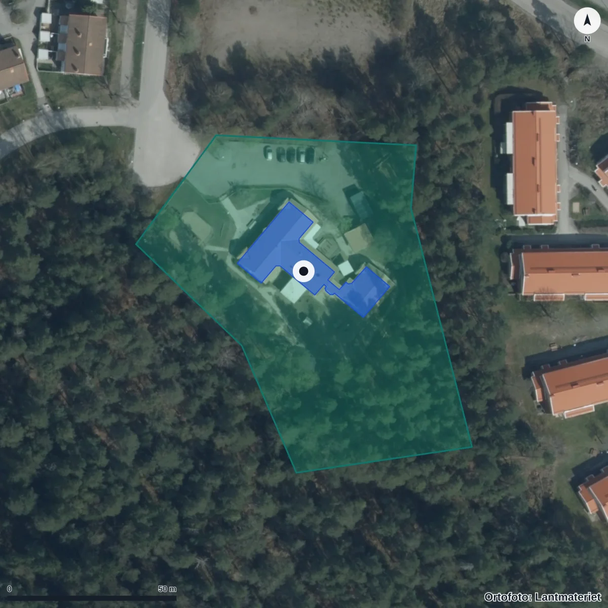 Flygbild över Siklöjans Förskola, ortofoto från Lantmäteriet