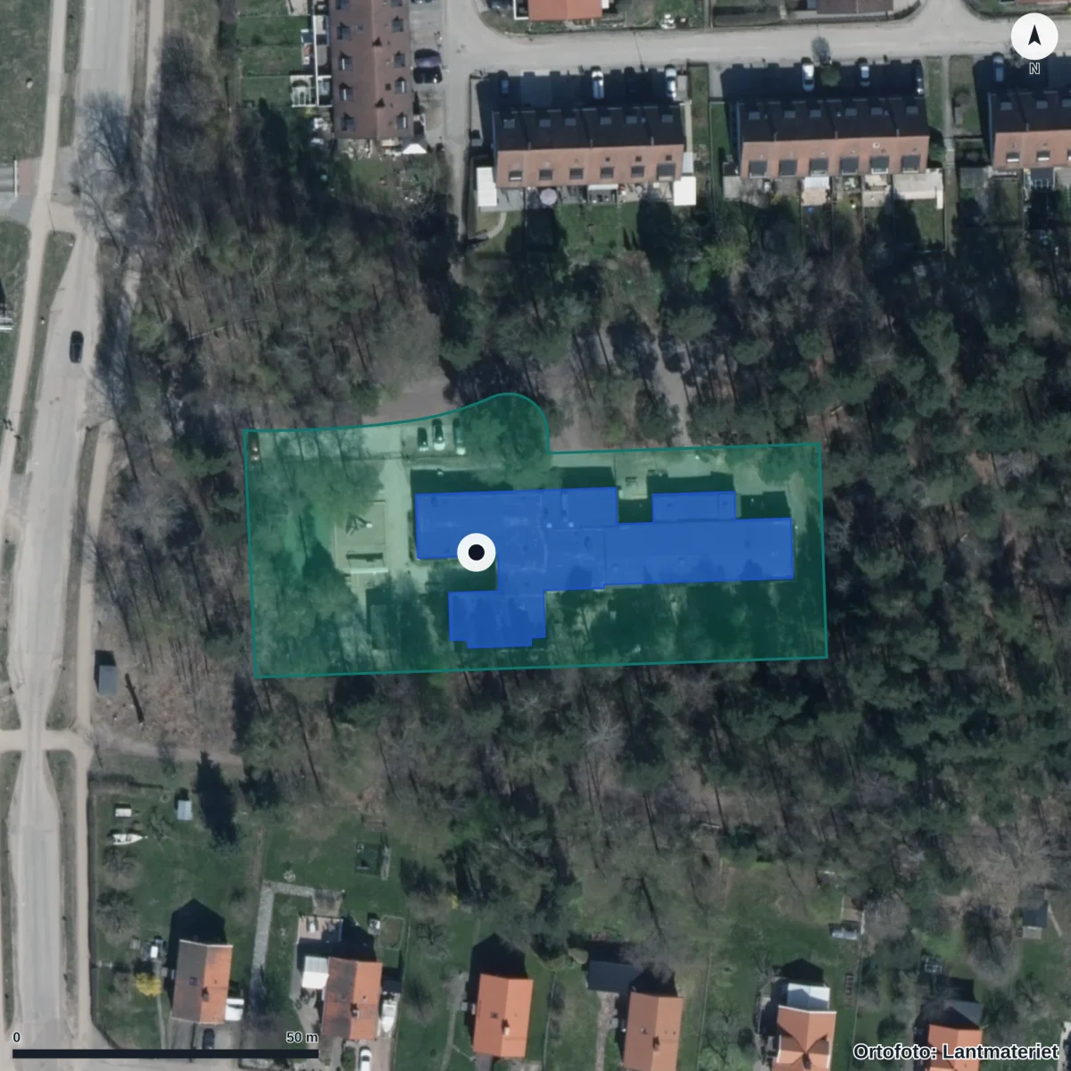 Flygbild över Stigbergsgårdens Förskola, ortofoto från Lantmäteriet