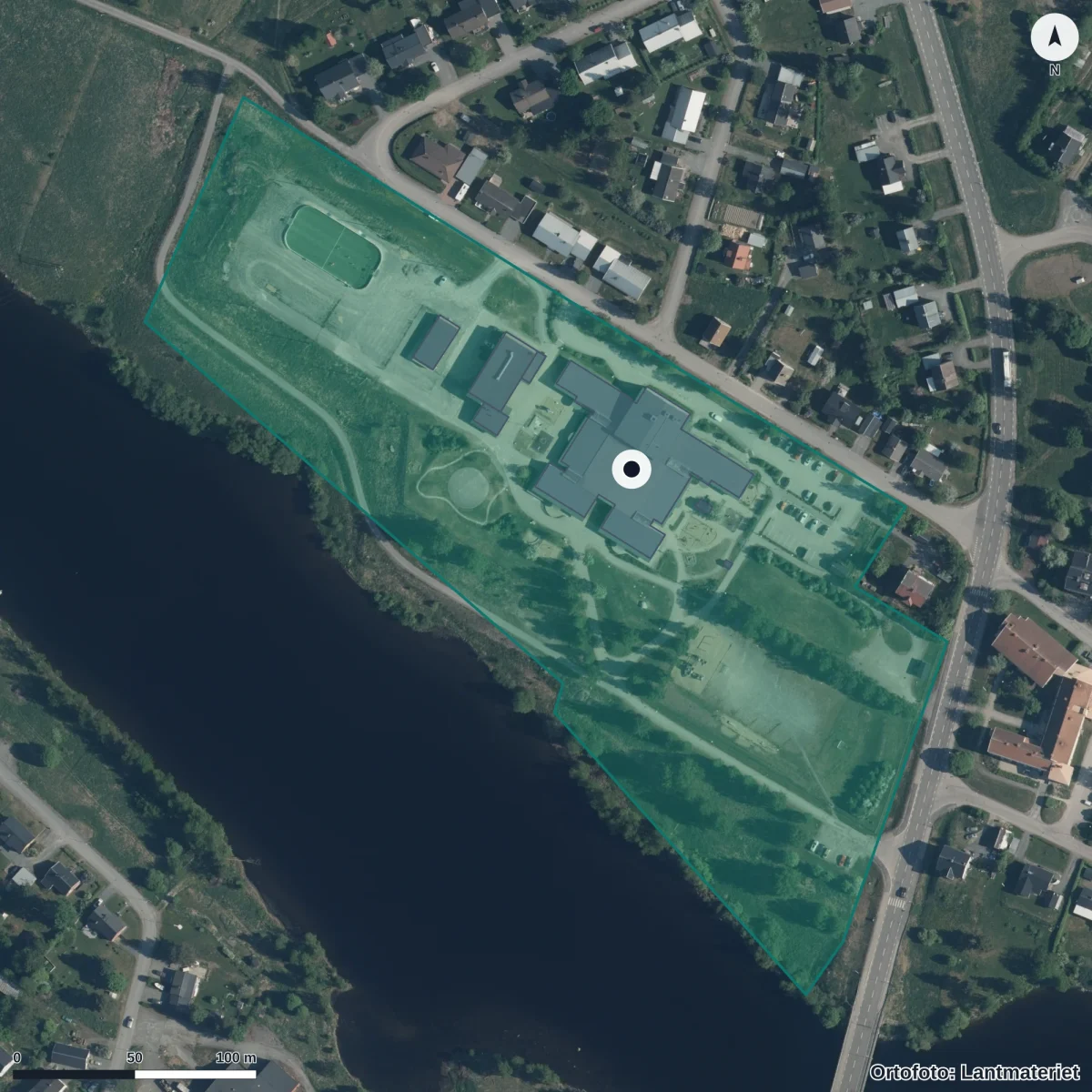 Flygbild över Långsele Förskola, ortofoto från Lantmäteriet