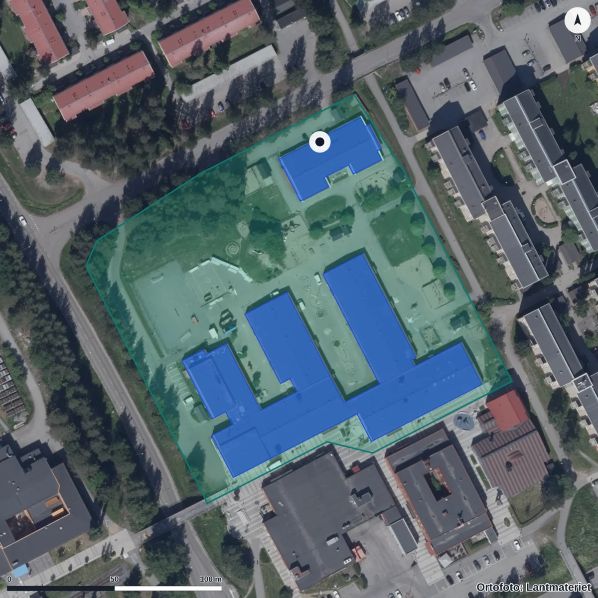 Flygbild över Strandens Förskola, ortofoto från Lantmäteriet