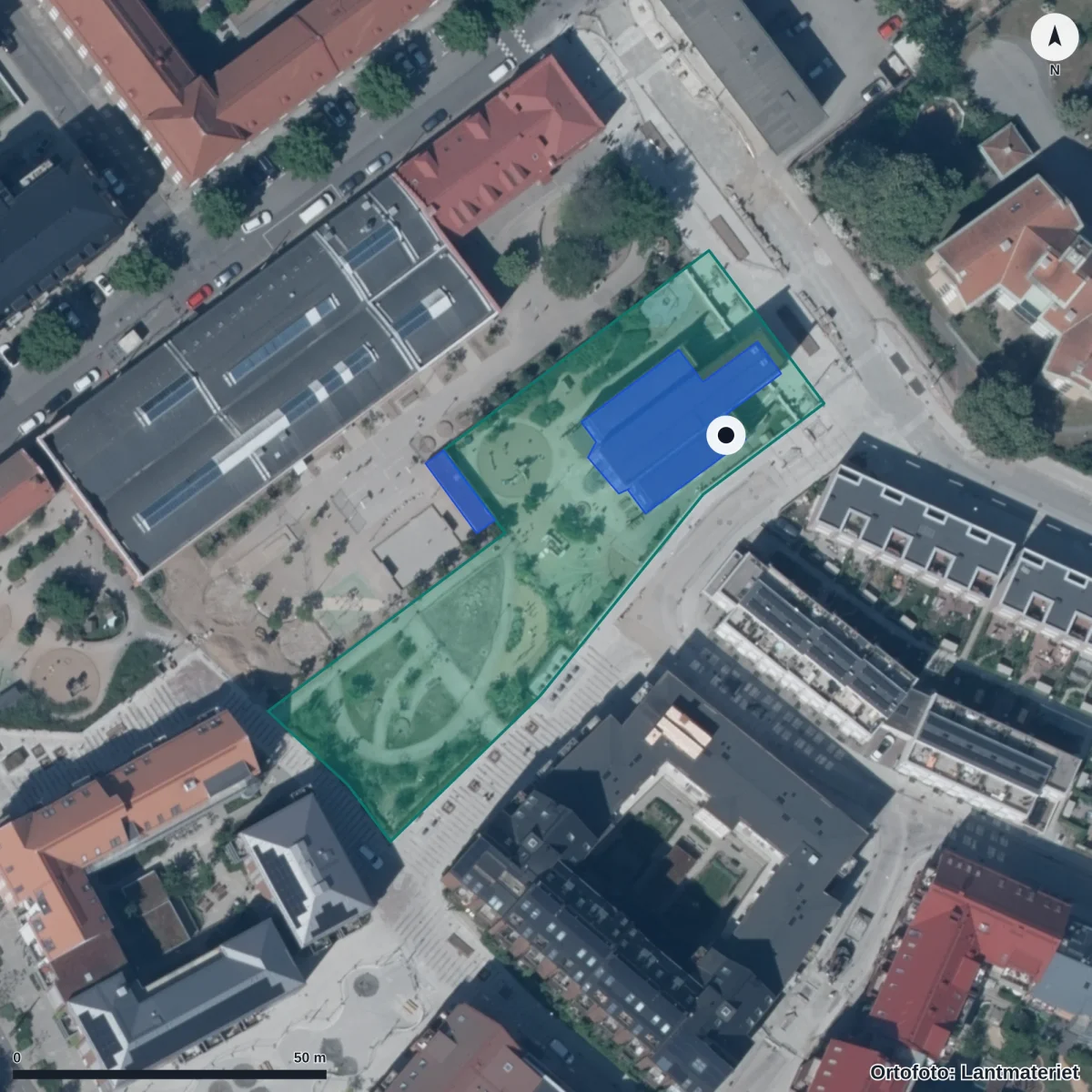 Flygbild över Lindens Förskola, ortofoto från Lantmäteriet