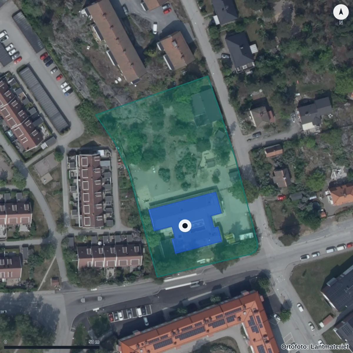 Flygbild över Kullsta Förskola, ortofoto från Lantmäteriet