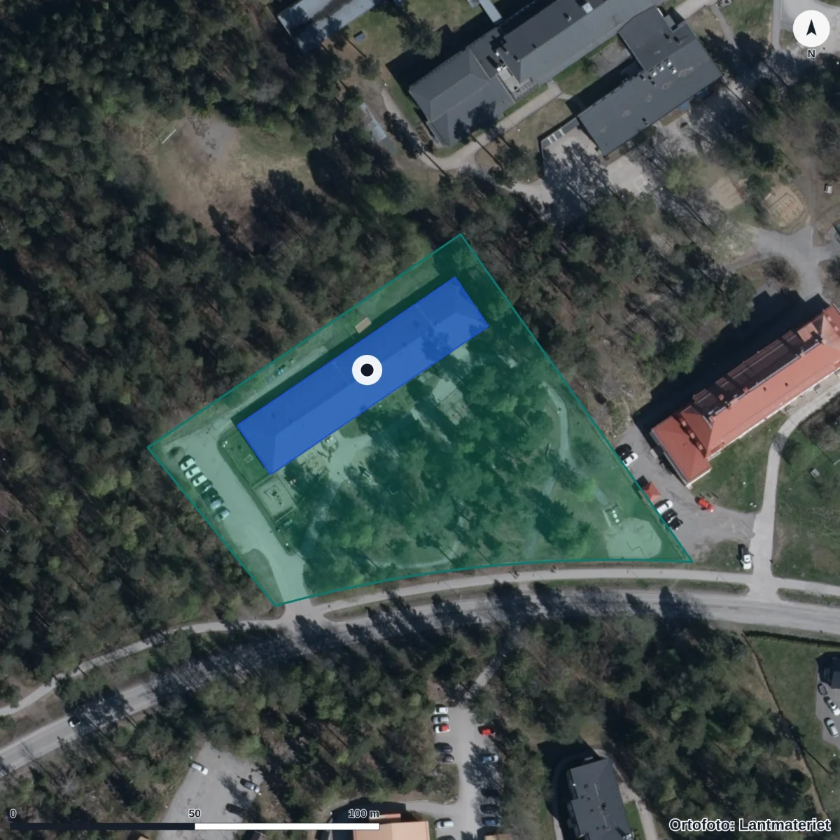 Flygbild över Haga Förskola, ortofoto från Lantmäteriet