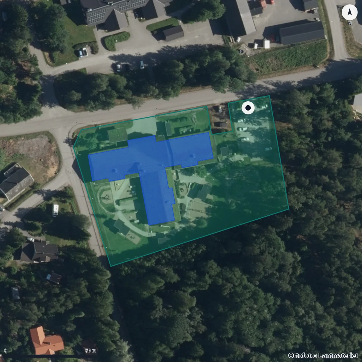 Flygbild över Tintomaras Förskola, ortofoto från Lantmäteriet