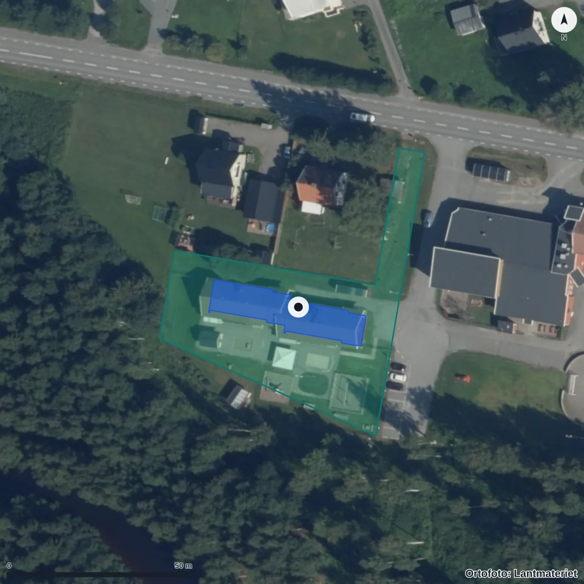Flygbild över Stormens Förskola, ortofoto från Lantmäteriet