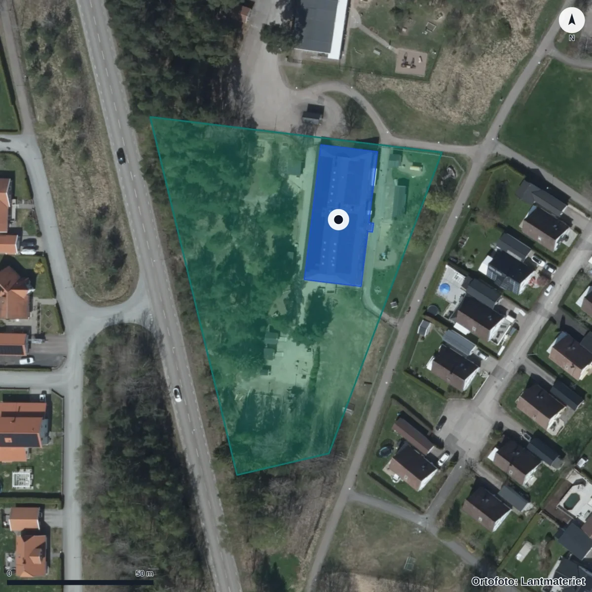 Flygbild över Mörtvägens Förskola, ortofoto från Lantmäteriet