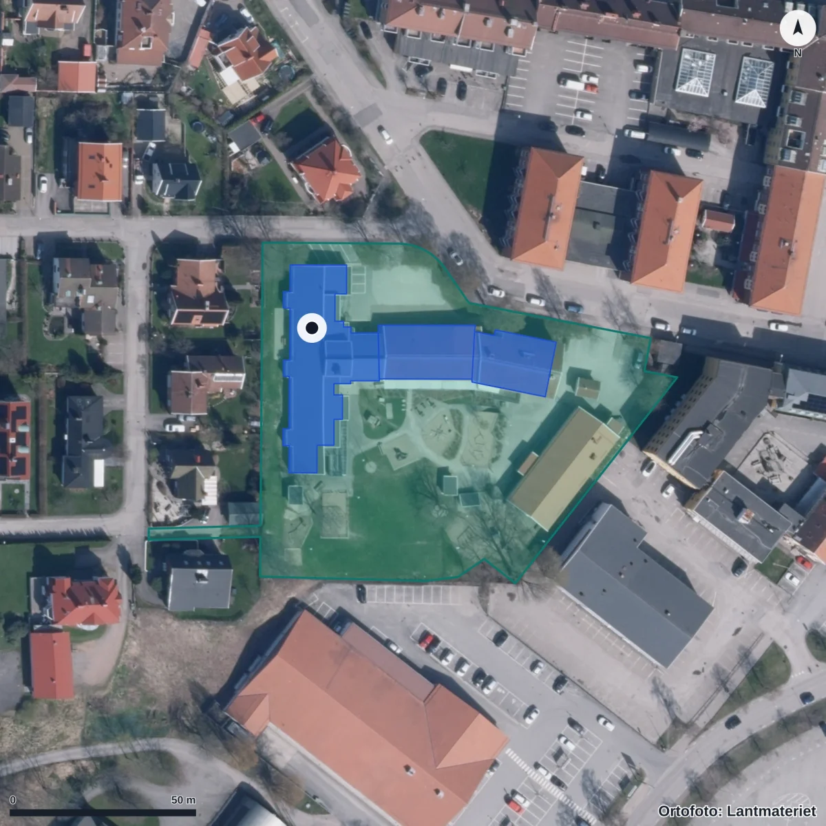 Flygbild över Skansens Förskola, ortofoto från Lantmäteriet