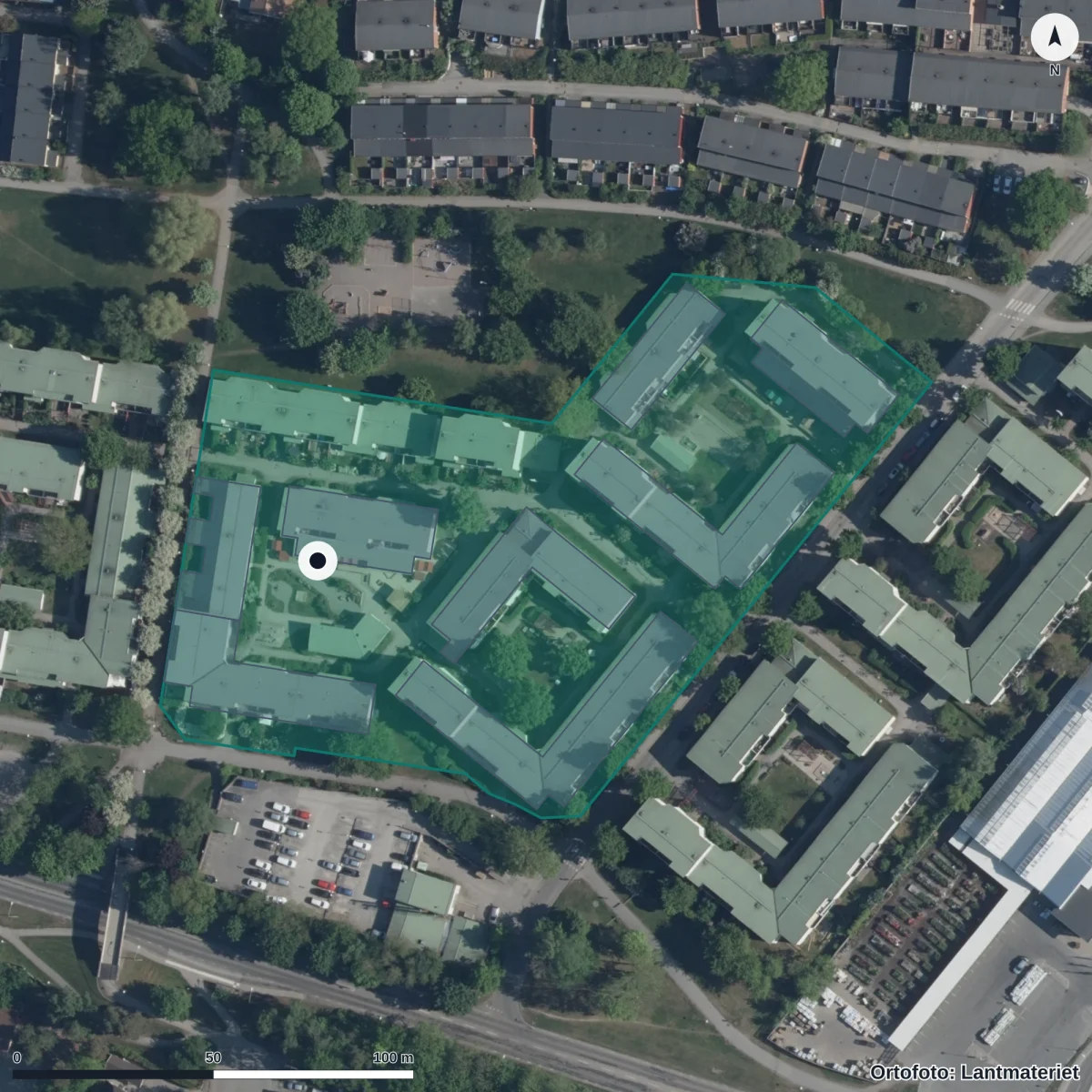Flygbild över Förskolan Dungen, ortofoto från Lantmäteriet