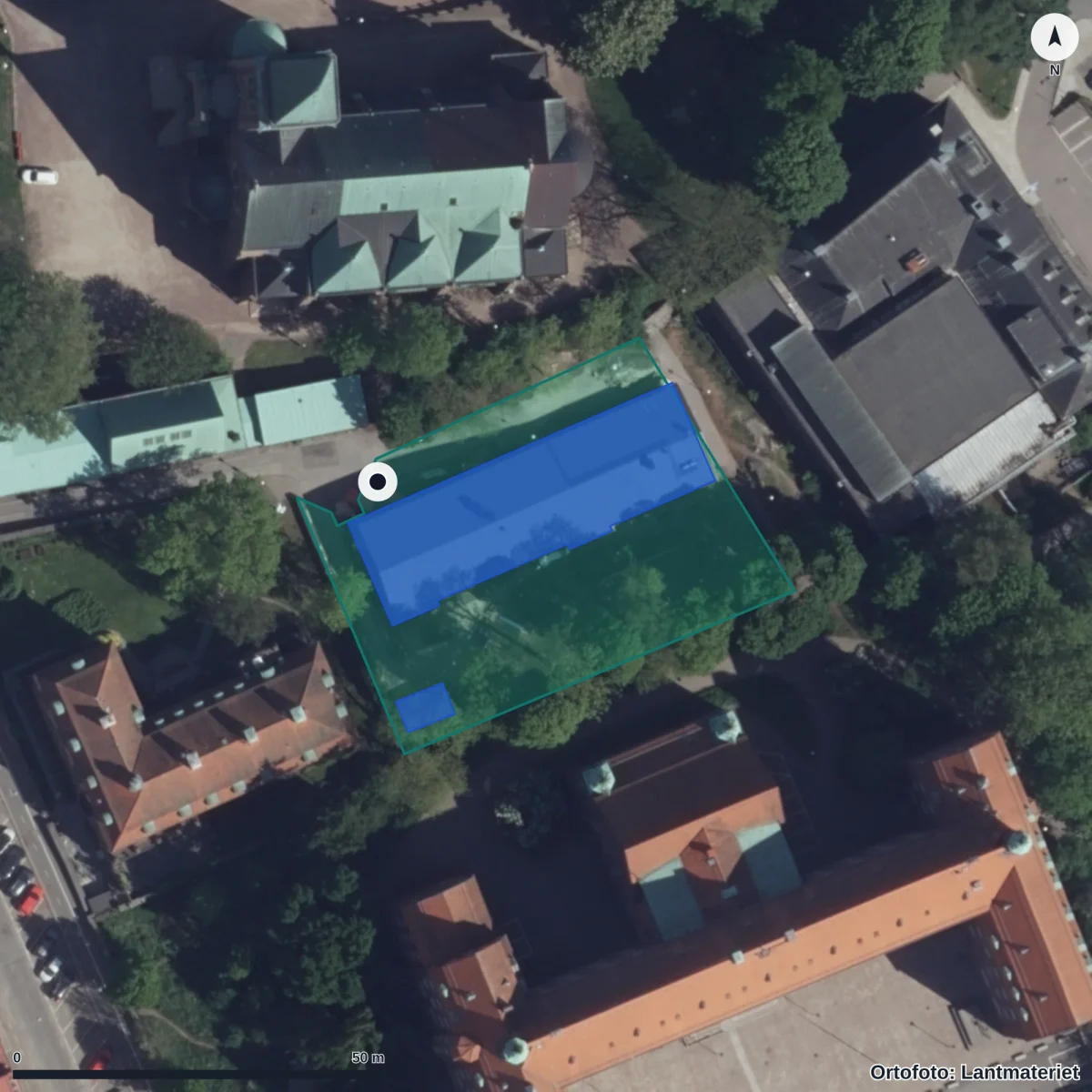 Flygbild över Vasa Kyrkogata 7 Förskola, ortofoto från Lantmäteriet