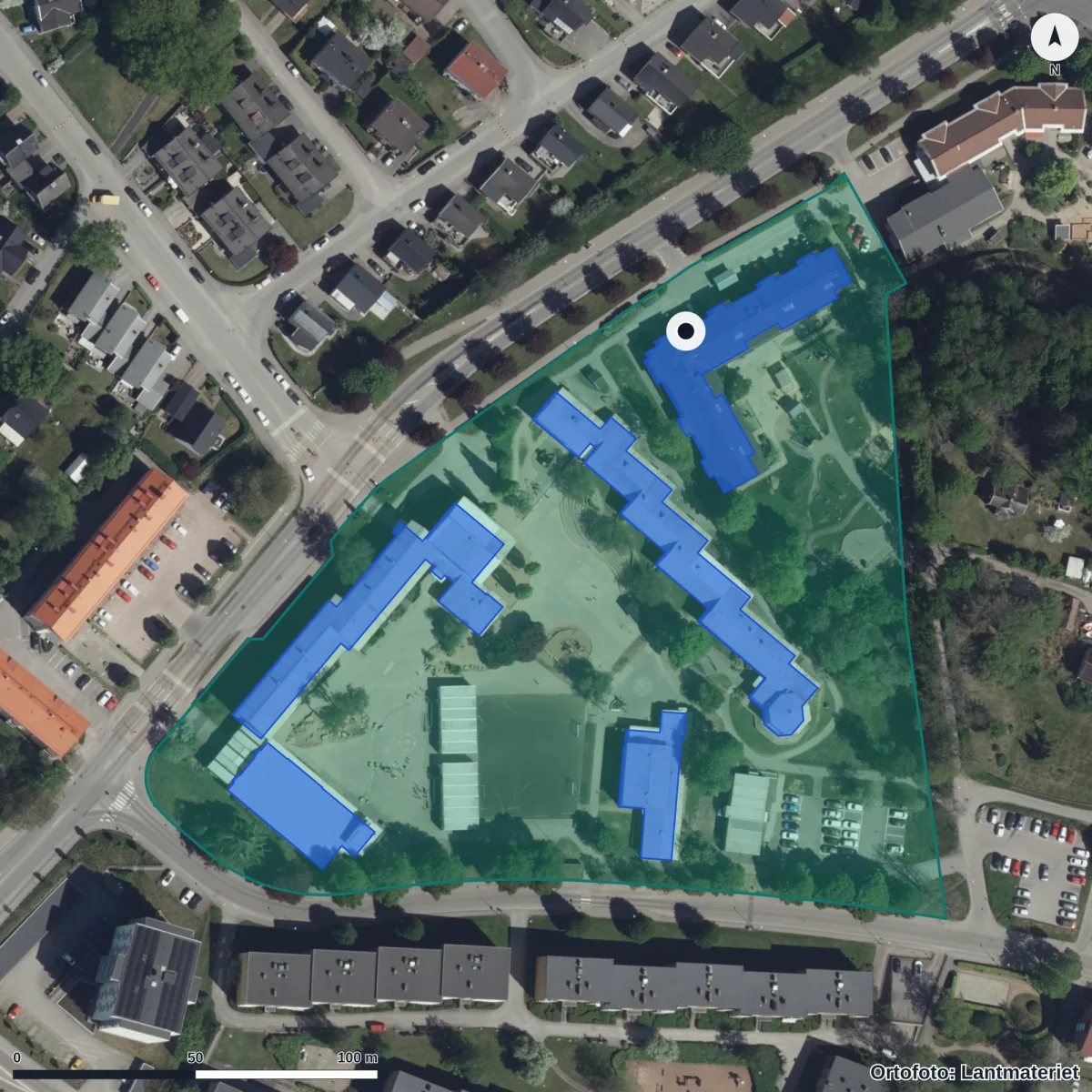 Flygbild över Södergårdens Förskola, ortofoto från Lantmäteriet