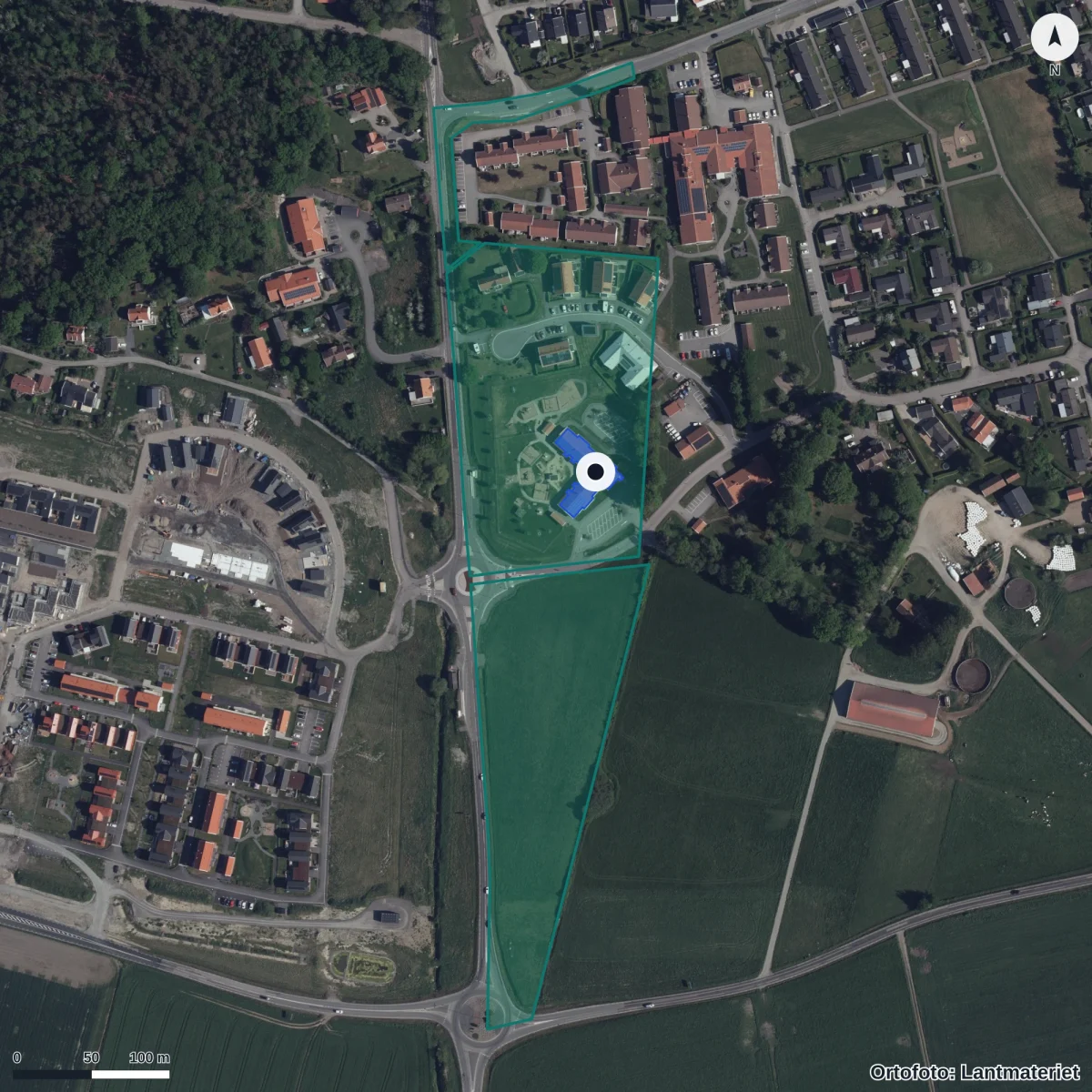 Flygbild över Prästgårdsängens Förskola, ortofoto från Lantmäteriet