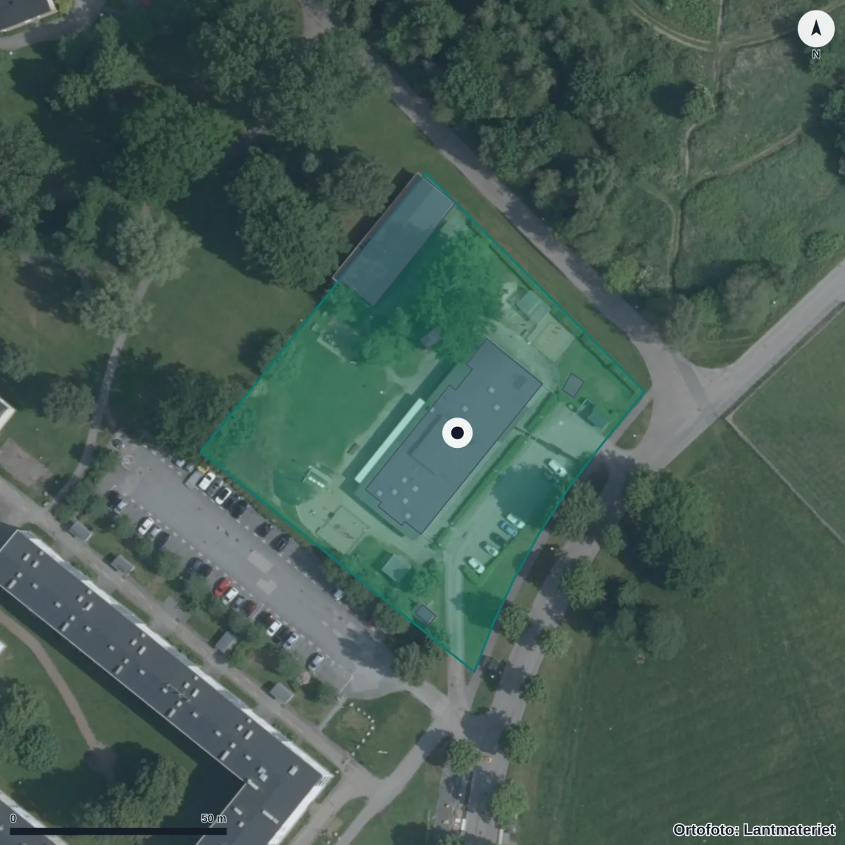 Flygbild över Ringblommans Förskola, ortofoto från Lantmäteriet