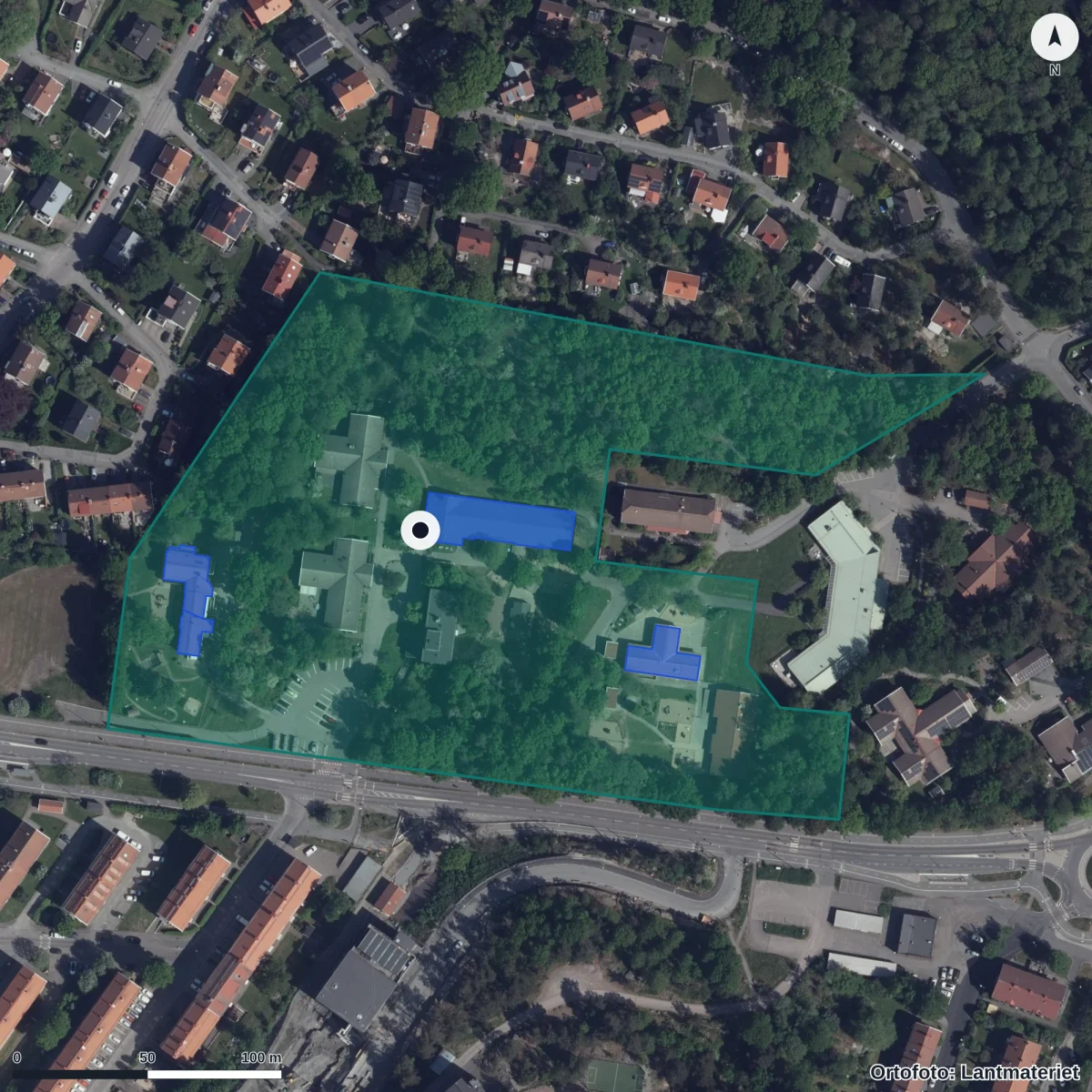 Flygbild över Torpagatan 32 Förskola, ortofoto från Lantmäteriet