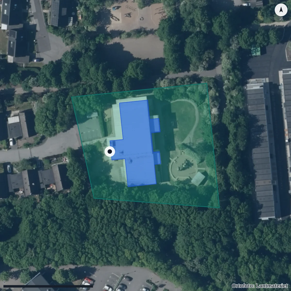 Flygbild över Blåtunga Förskola, ortofoto från Lantmäteriet