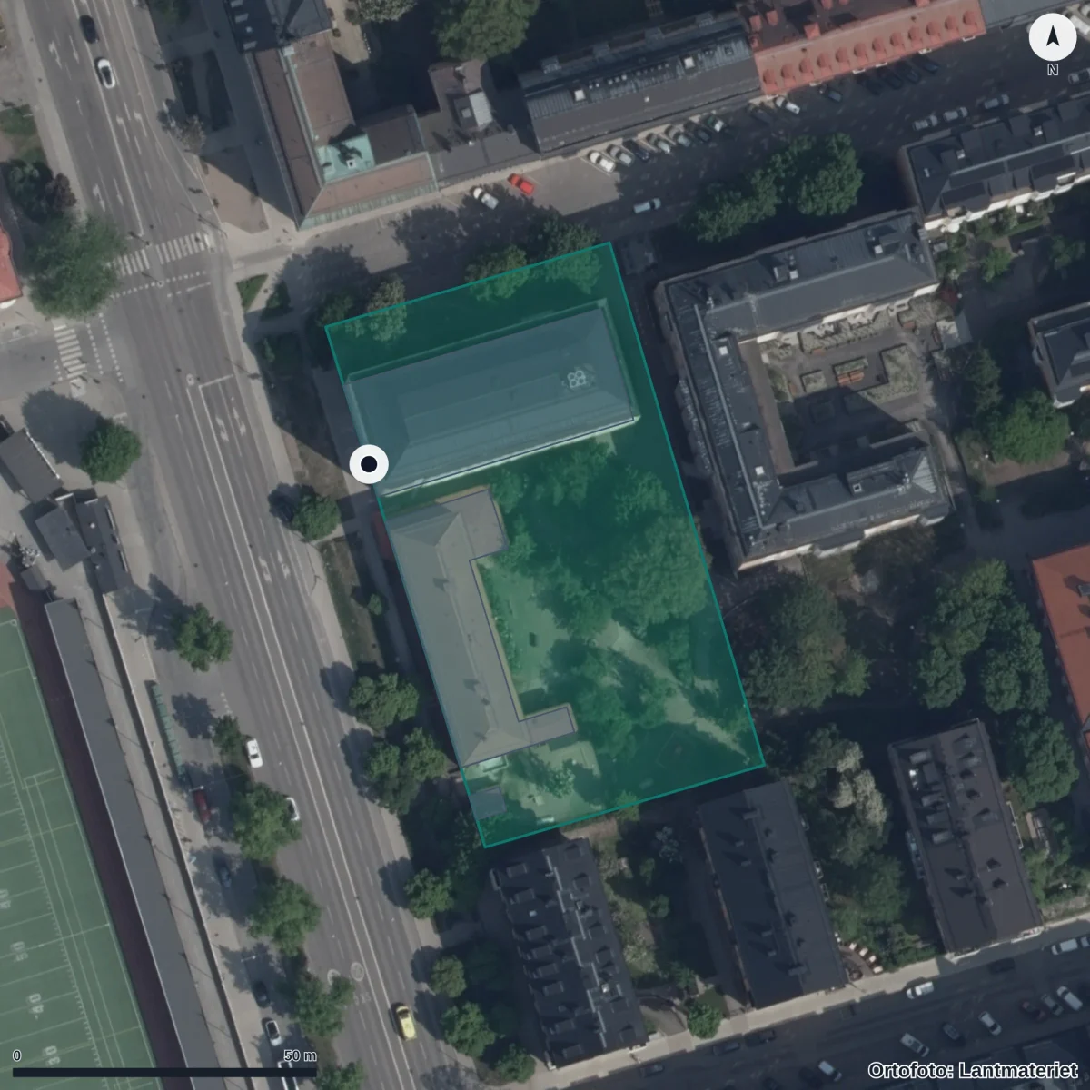 Flygbild över Förskolan Jensen Zinkensdamm, ortofoto från Lantmäteriet