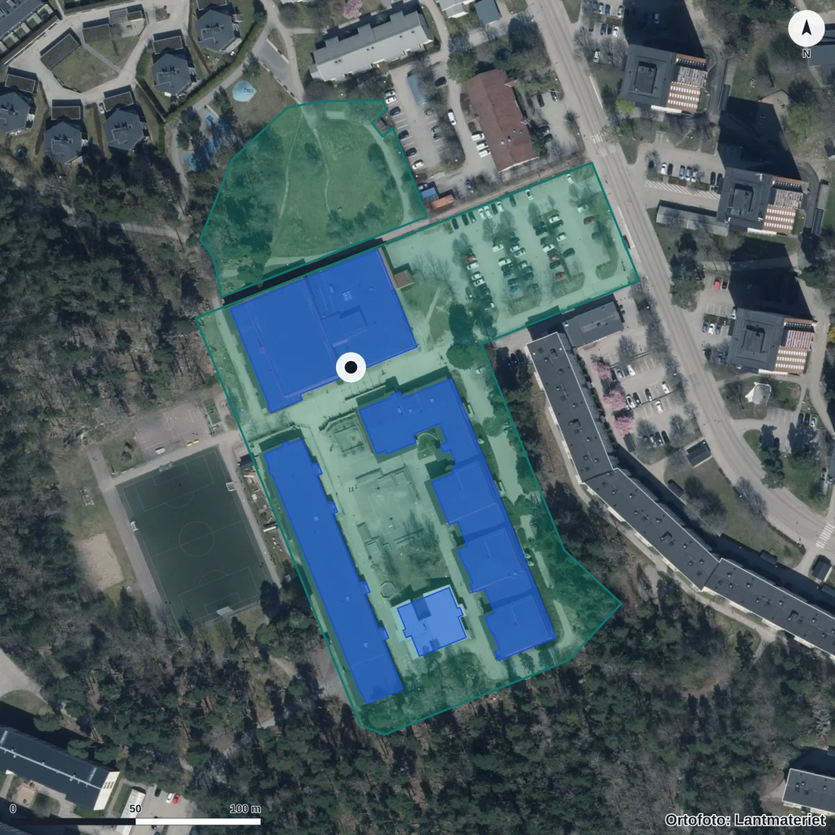 Flygbild över Pettersbergs Förskola, ortofoto från Lantmäteriet