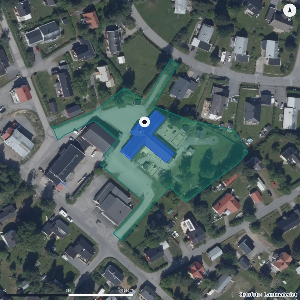 Flygbild över Renfanans Förskola, ortofoto från Lantmäteriet