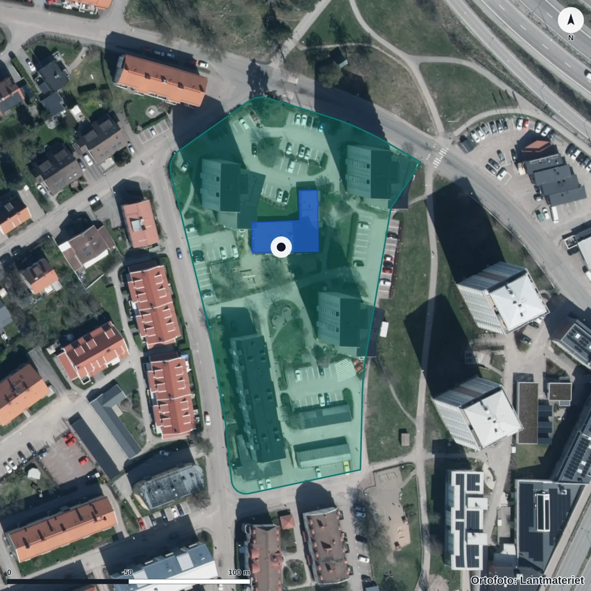 Flygbild över Tegnergårdens Förskola, ortofoto från Lantmäteriet