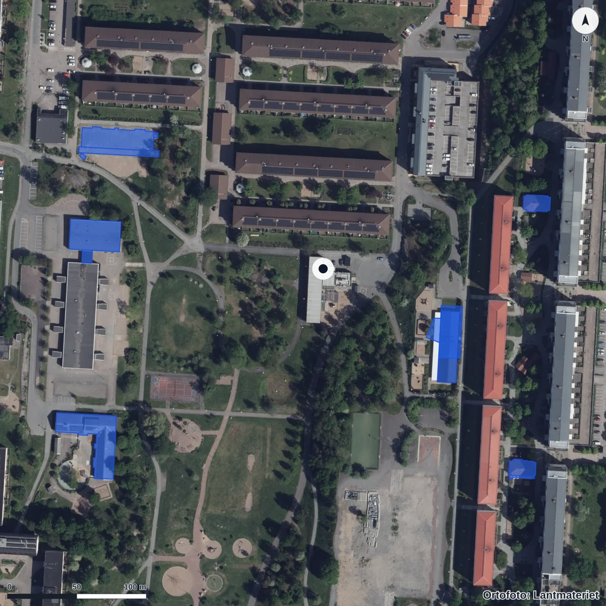 Flygbild över Saffransgatan 82 Förskola, ortofoto från Lantmäteriet