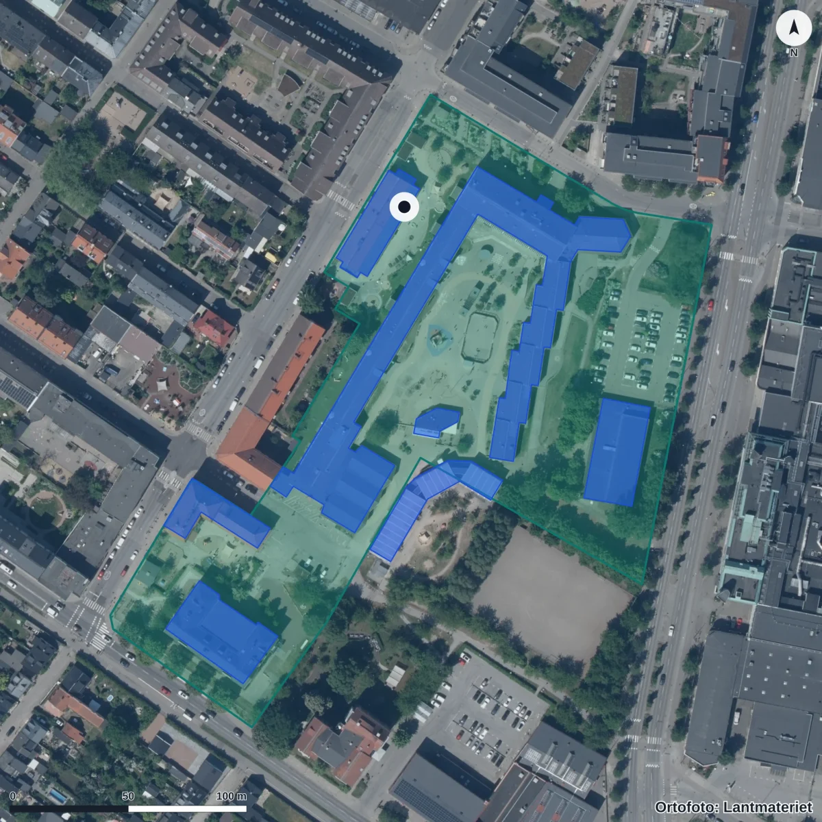 Flygbild över Sofielunds Förskola, ortofoto från Lantmäteriet