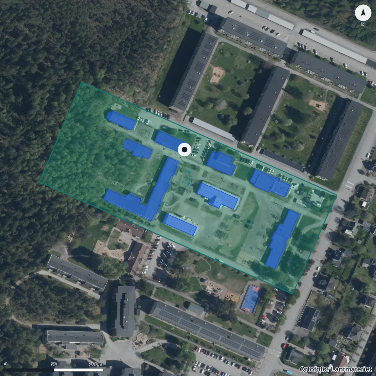 Flygbild över Broaryds Förskola, ortofoto från Lantmäteriet