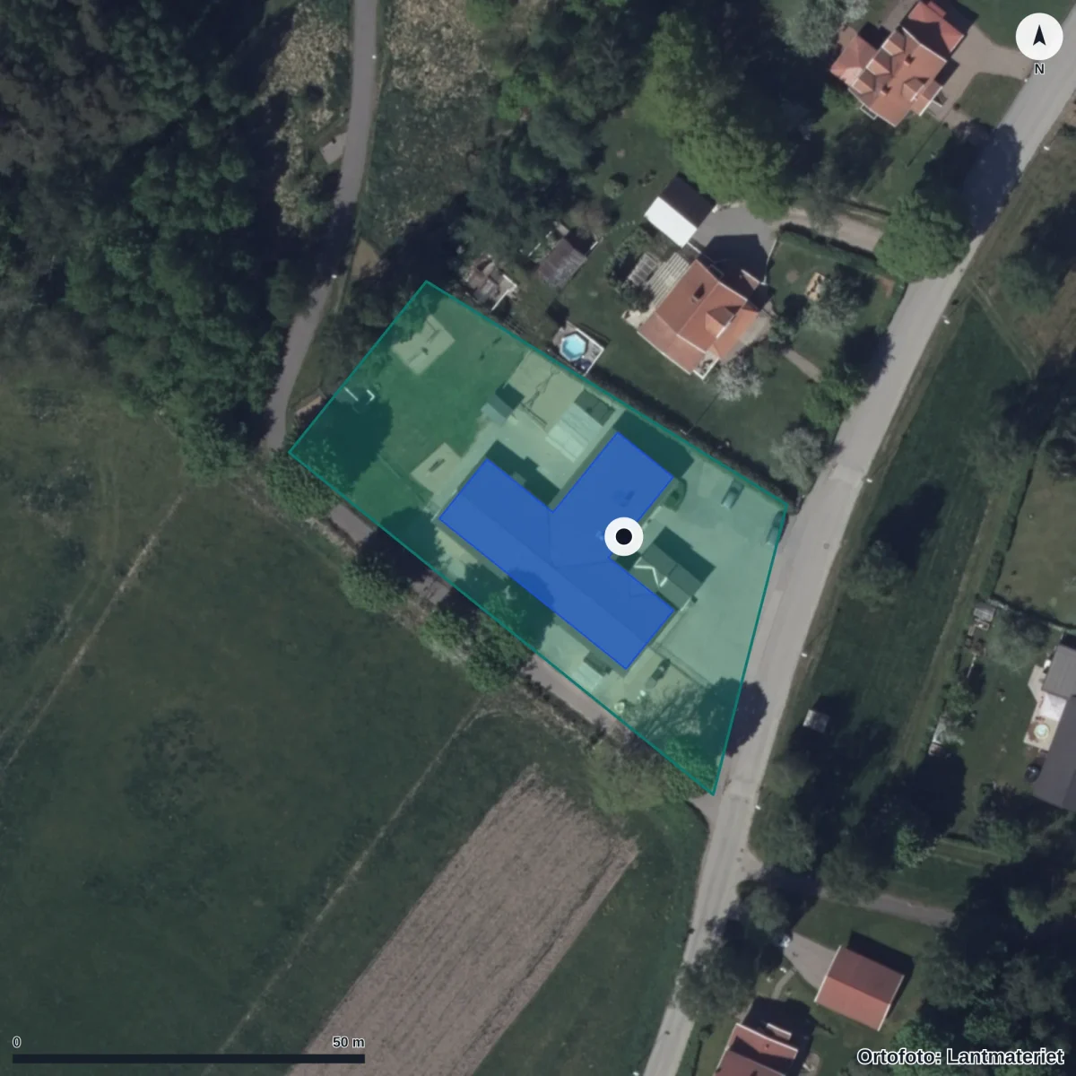 Flygbild över Sollebrunns Förskola, ortofoto från Lantmäteriet