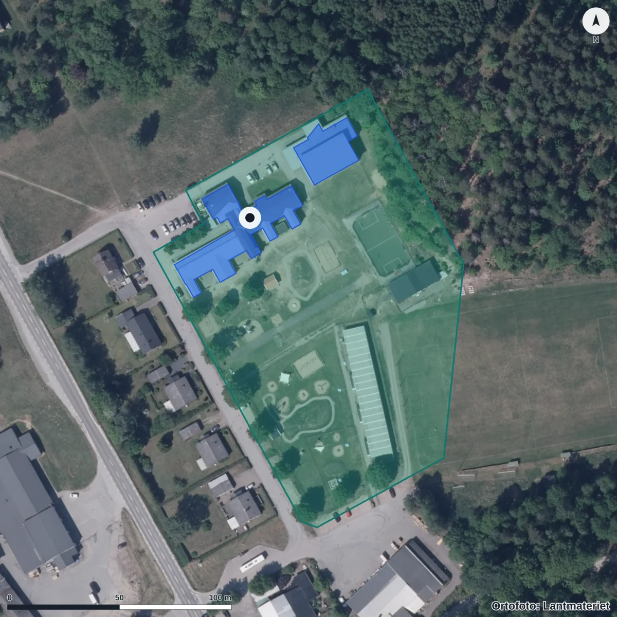Flygbild över Backaryds Förskola, ortofoto från Lantmäteriet