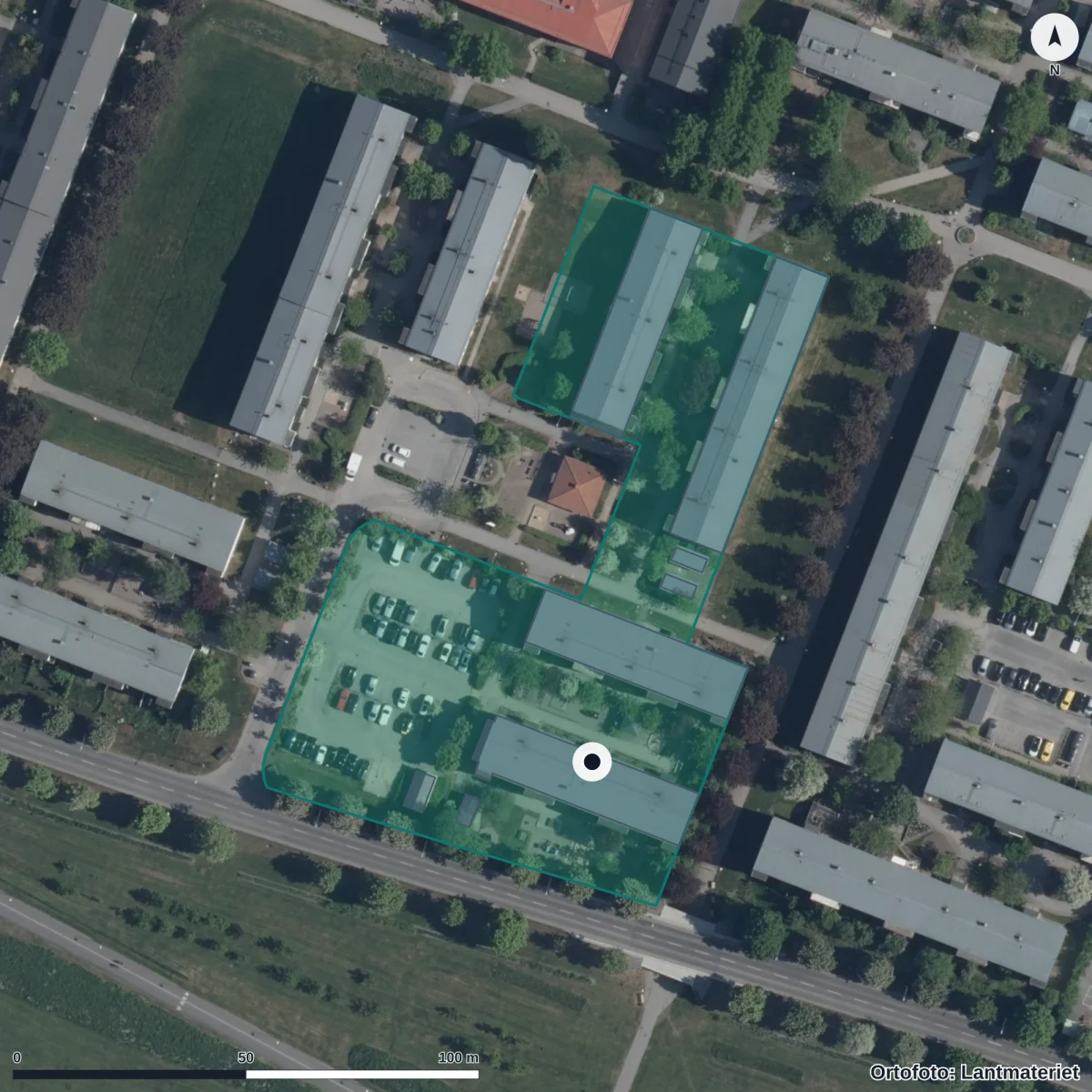 Flygbild över Förskolan Sälen, ortofoto från Lantmäteriet