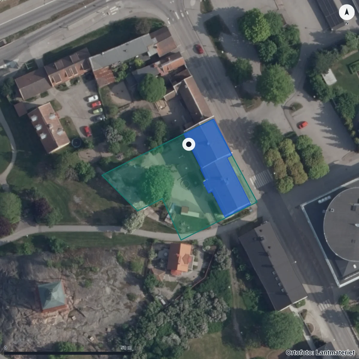 Flygbild över Klockbergets Förskola, ortofoto från Lantmäteriet
