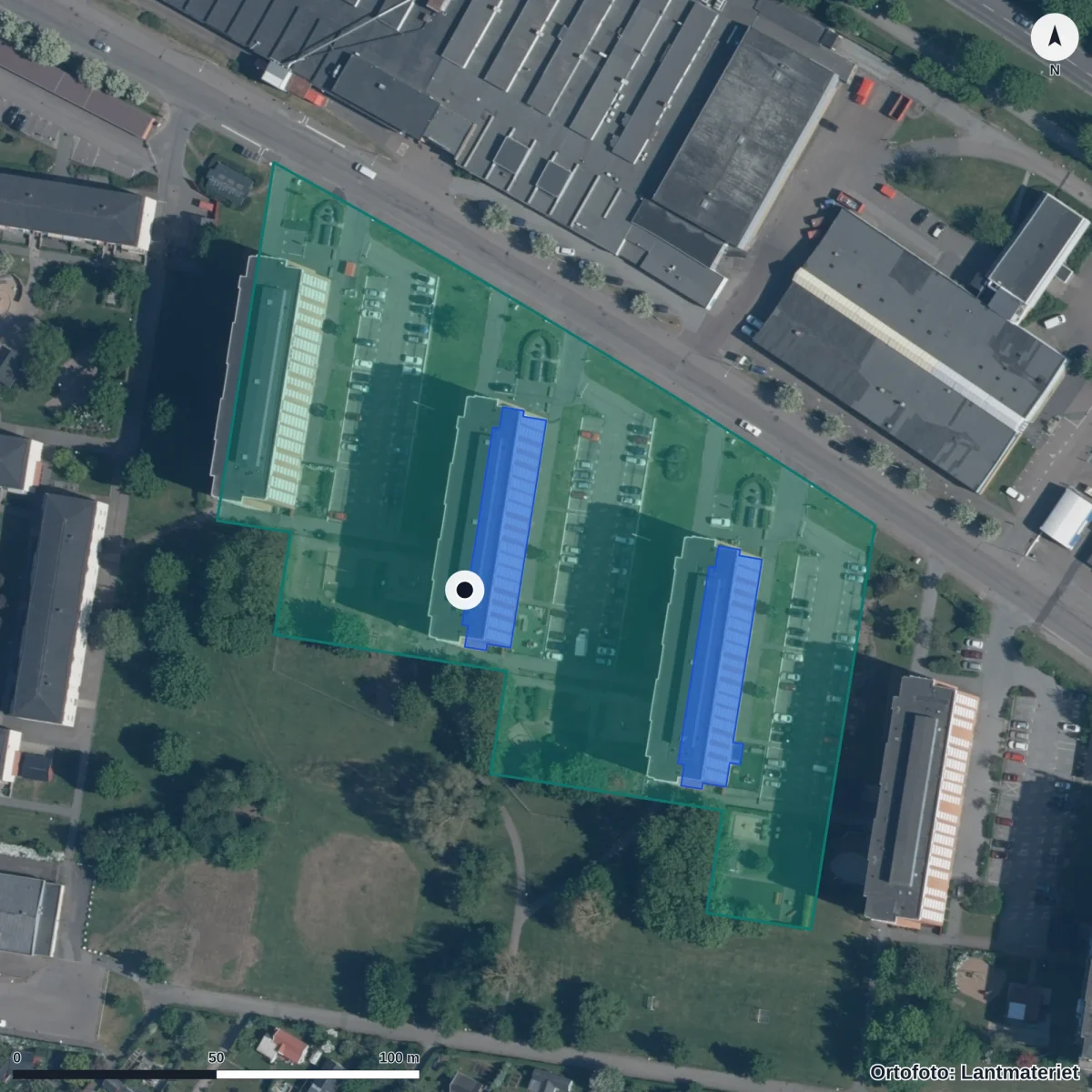 Flygbild över Tegskiftets Förskola, ortofoto från Lantmäteriet