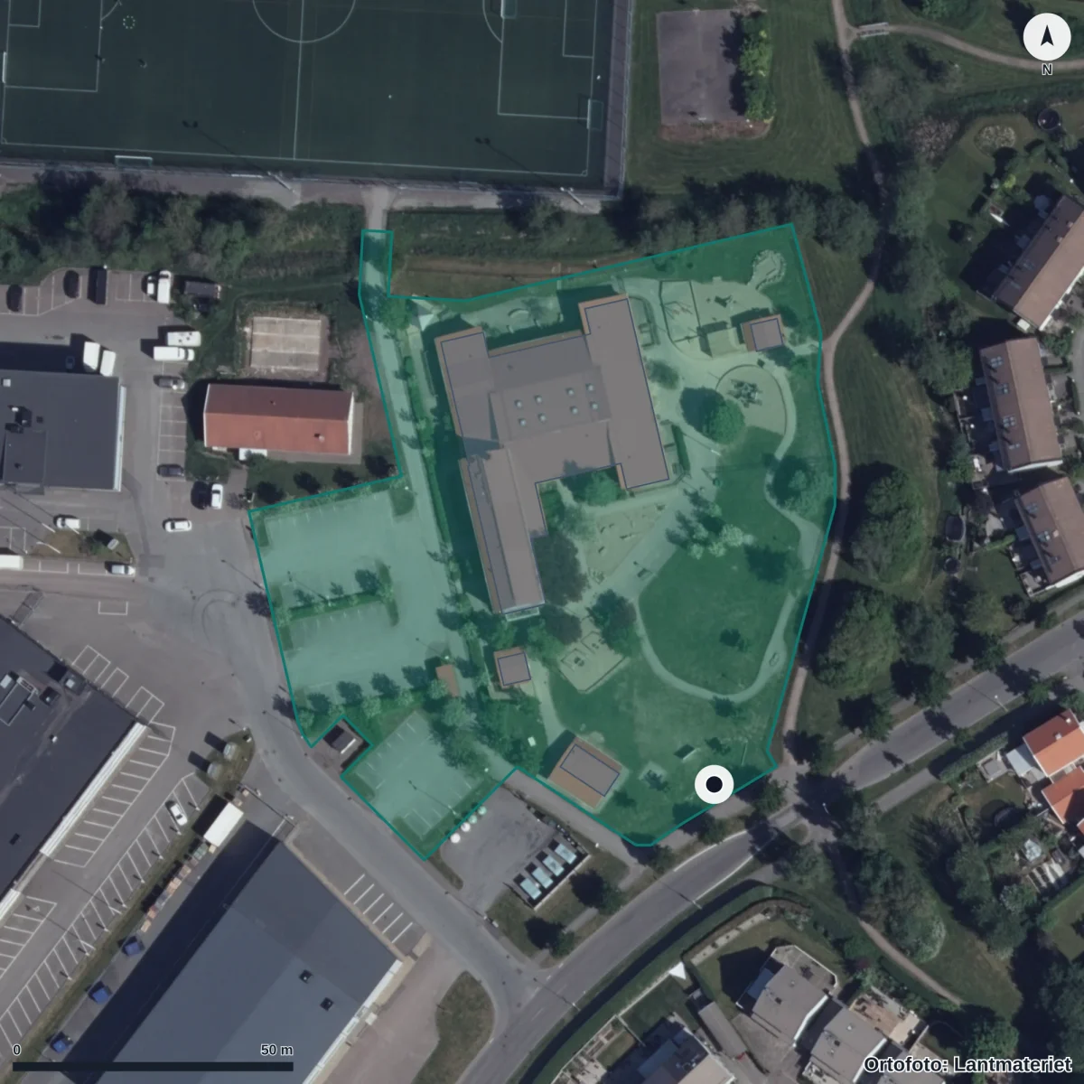 Flygbild över Trollbäckens Förskola, ortofoto från Lantmäteriet