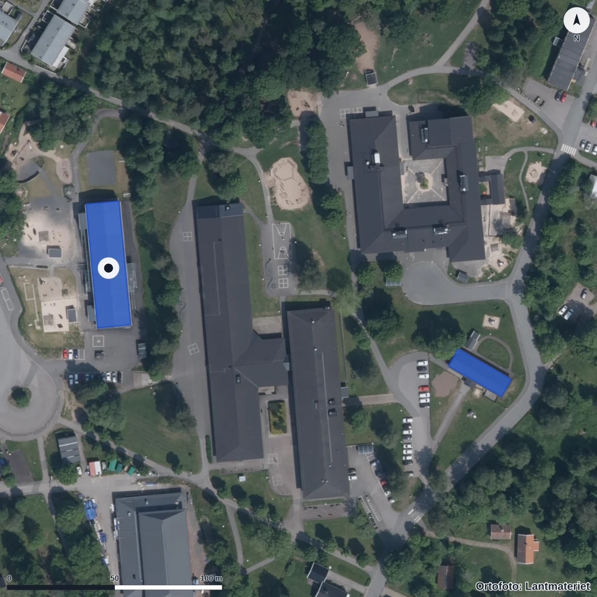 Flygbild över Trollängens Förskola, ortofoto från Lantmäteriet
