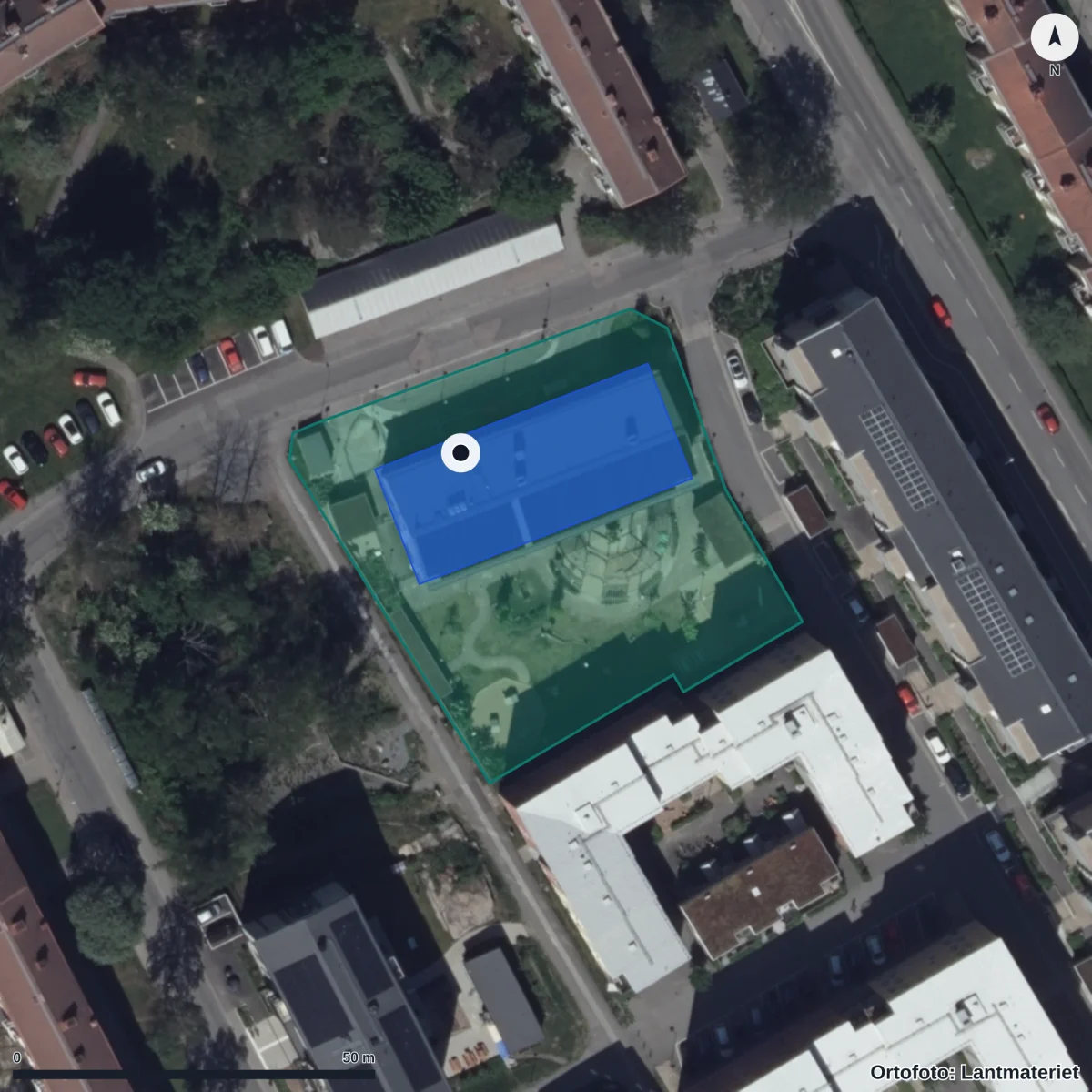 Flygbild över Örtugsgatan 2 Förskola, ortofoto från Lantmäteriet