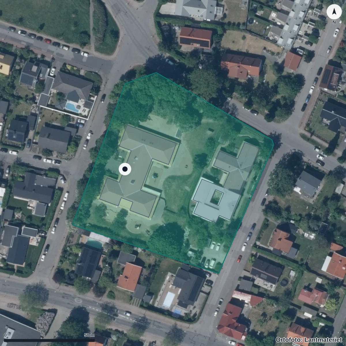 Flygbild över Berga Förskola, ortofoto från Lantmäteriet