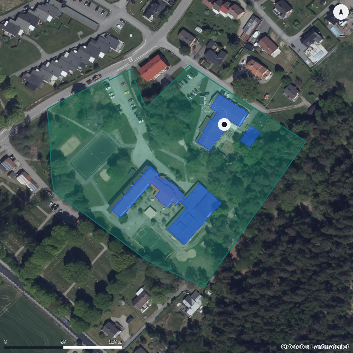 Flygbild över Ekegårdens Förskola, ortofoto från Lantmäteriet