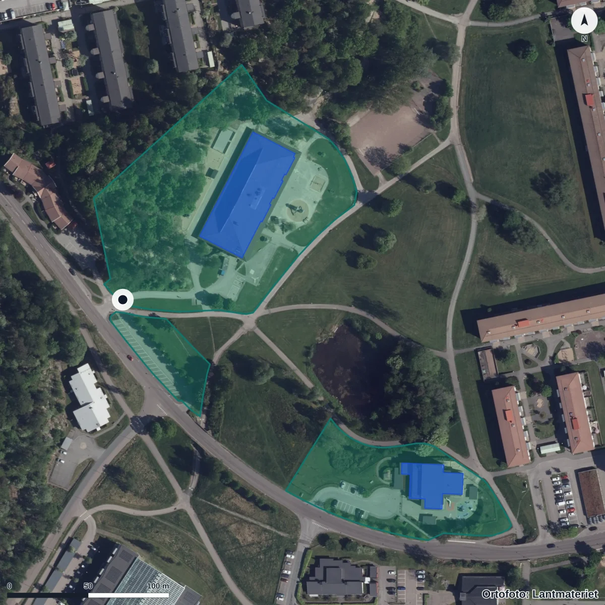 Flygbild över Kvarnängens Förskola, ortofoto från Lantmäteriet