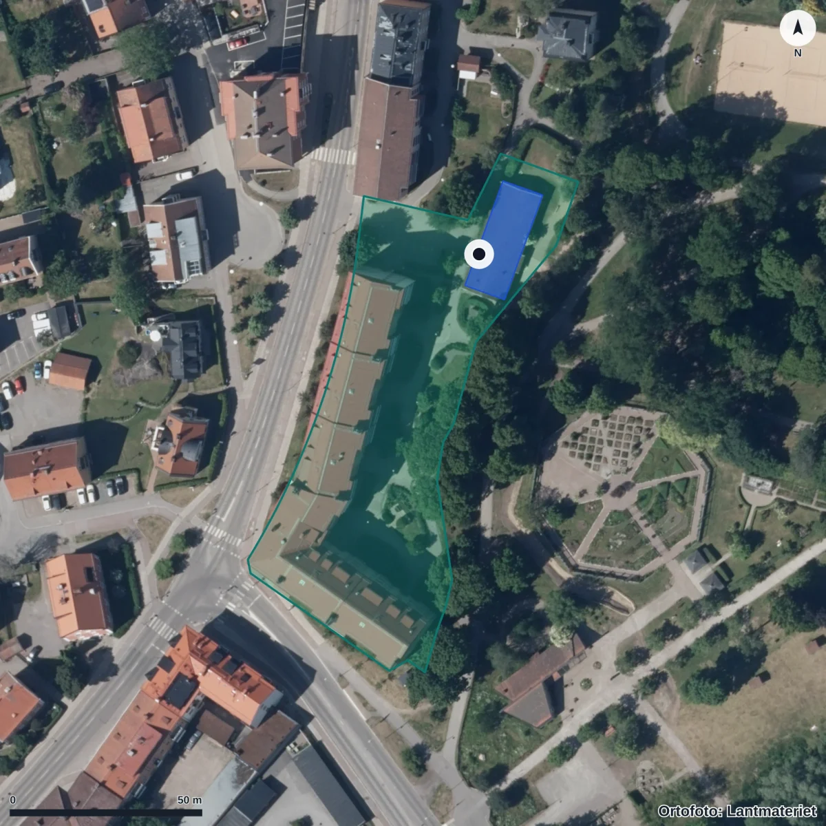 Flygbild över Djurgårdsgatan 25, ortofoto från Lantmäteriet