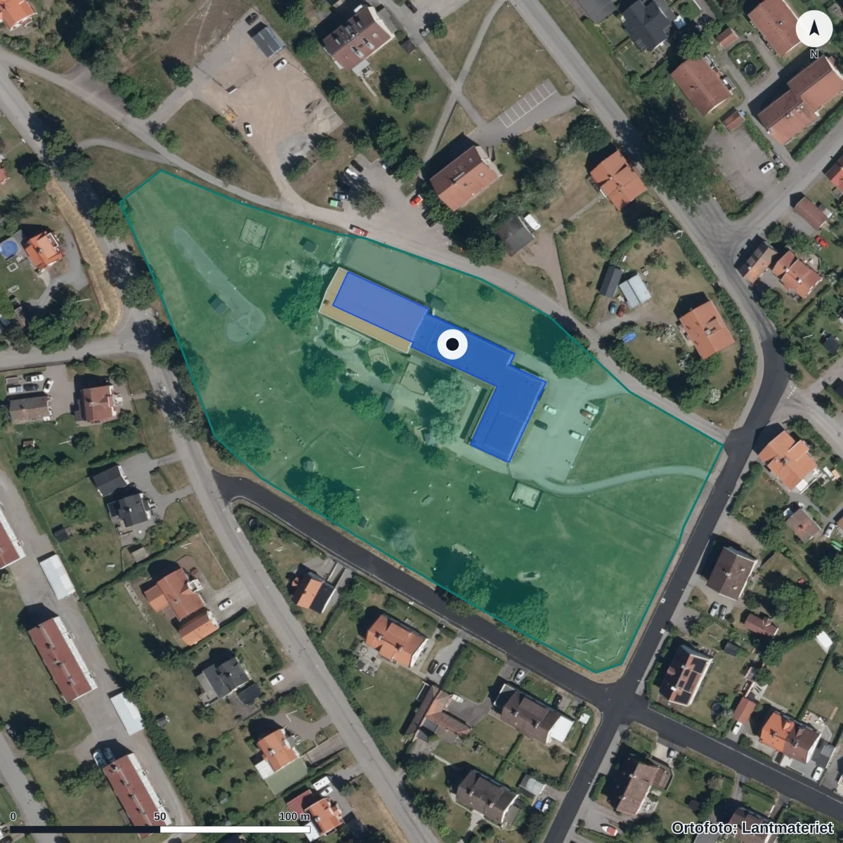 Flygbild över Sandtagets Förskola, ortofoto från Lantmäteriet